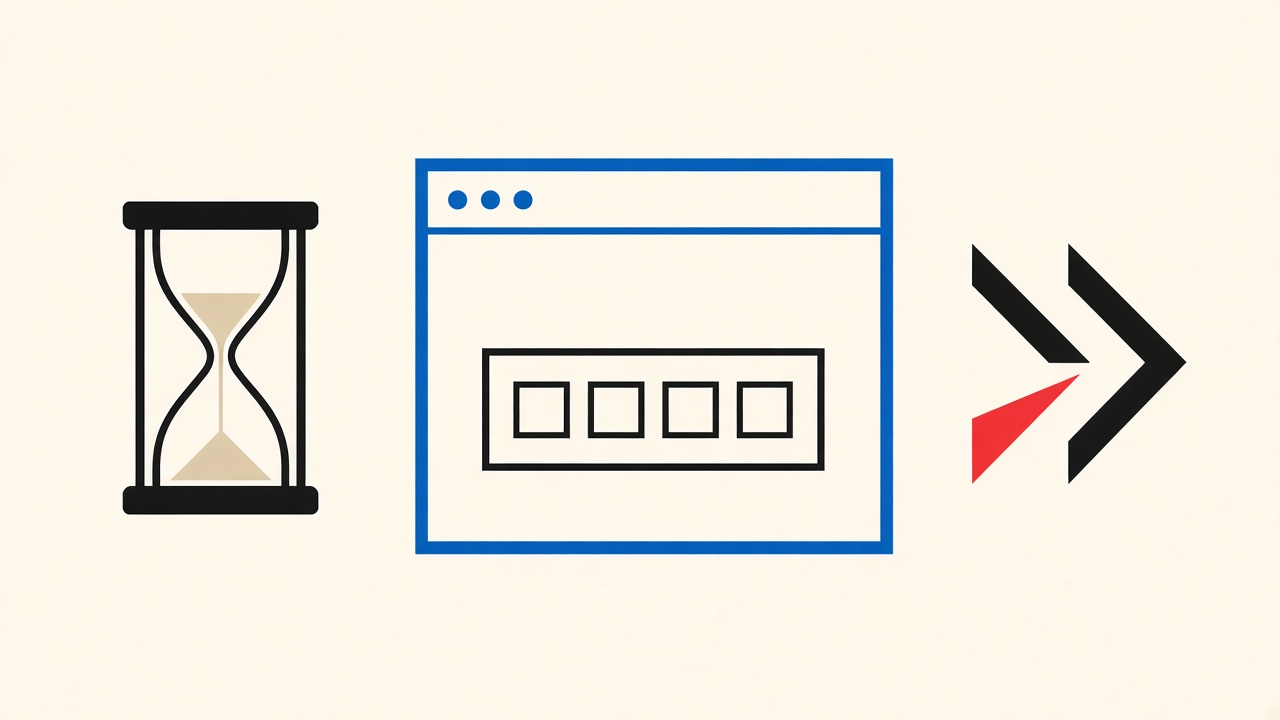 Stopwatch, blank OTP card, and empty browser frame with retry chevrons on cream paper