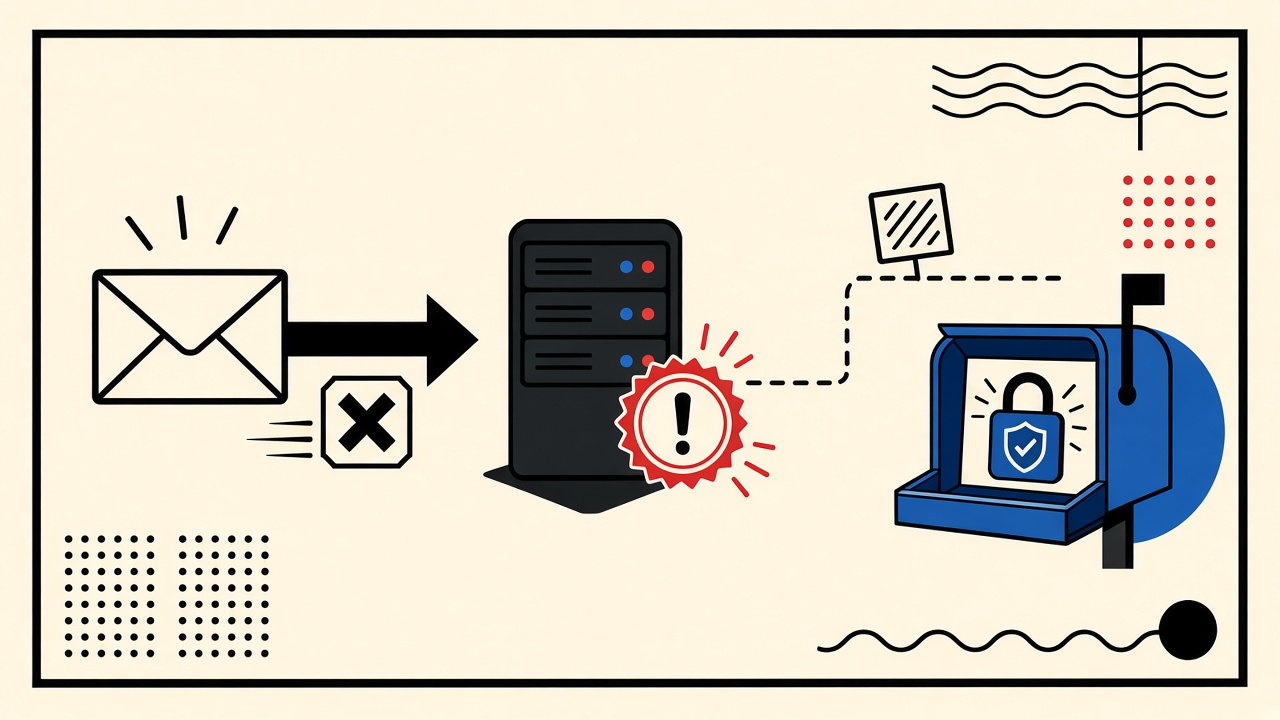 Postal MX arrow pointing to the wrong server during a TLS certificate swap with a blue correct target tray