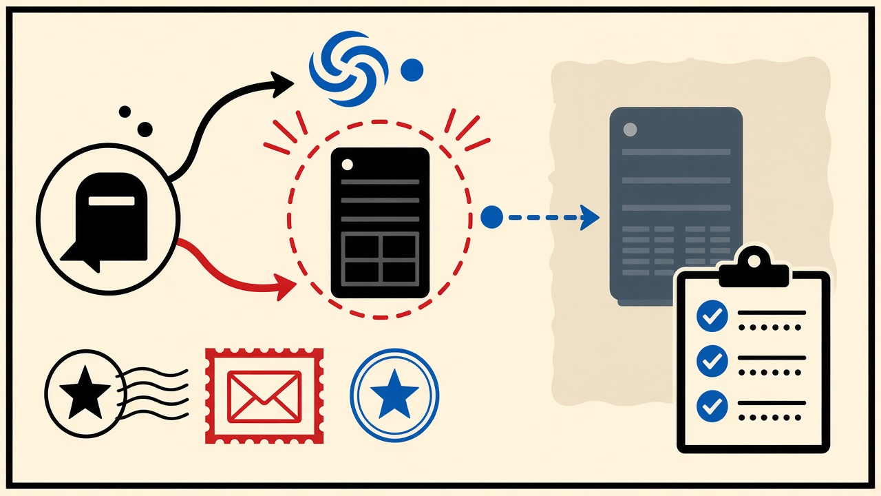 Mail exchange arrows pointing at the wrong server beside a runbook clipboard