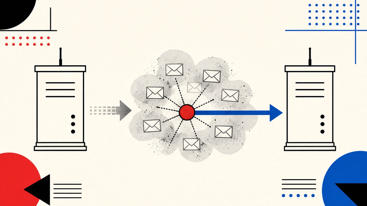 Old and new MX arrows with ghost envelopes stuck in a DNS cache fog between mail servers