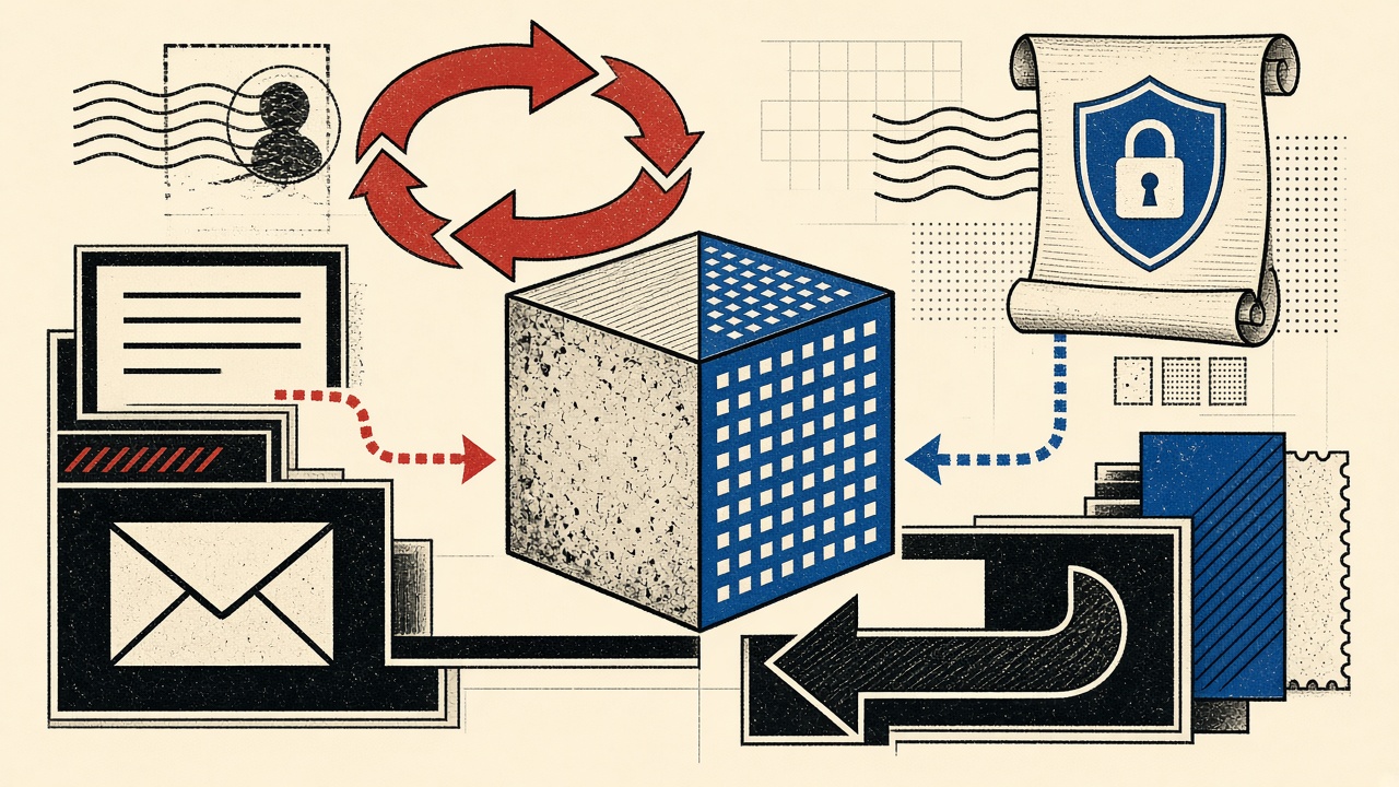 MX arrows, half-stale DNS cache cube, certificate scroll with padlock, and rollback arrow