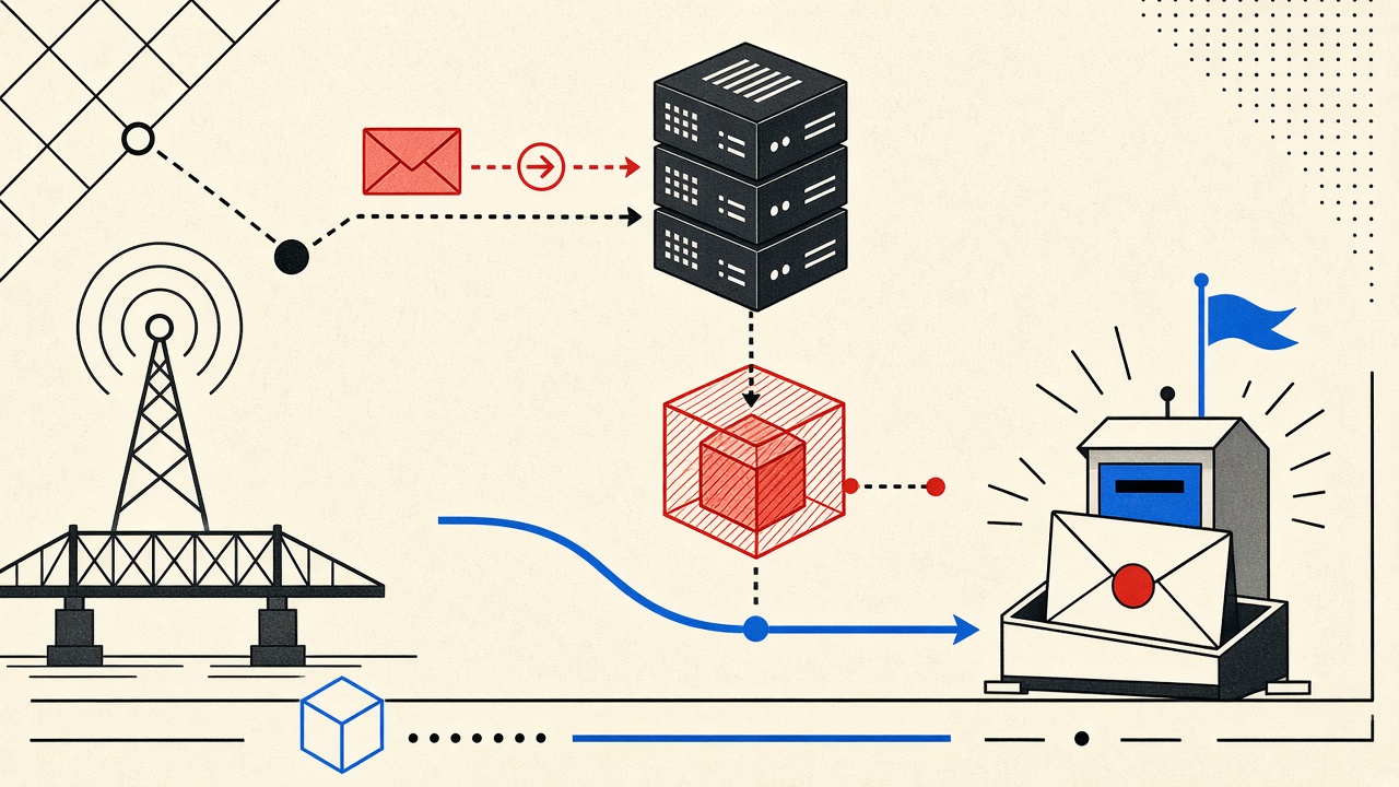 Server blocks with MX arrows and a stale cache cube delaying an envelope