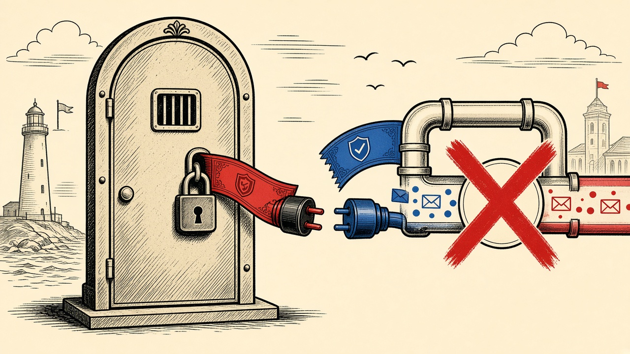 Cream editorial server door with padlock, unplugged certificate ribbon, and blocked network pipe