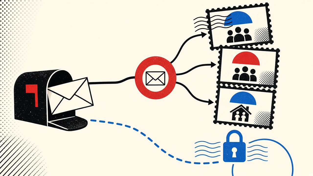 One shared envelope branching into multiple community registration forms with a separate locked disposable path