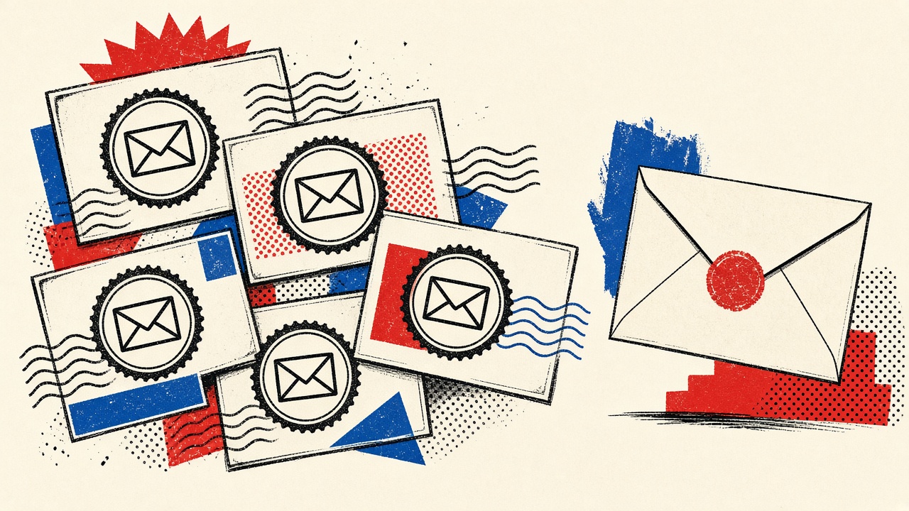 One email stamp reused across fanned newsletter cards beside a separate disposable envelope