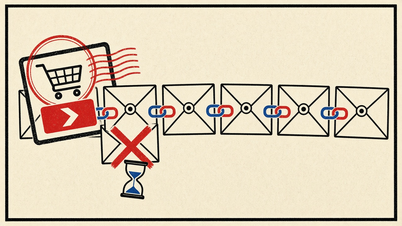 Chained identical envelopes at a checkout stamp showing address reuse versus one timed disposable envelope