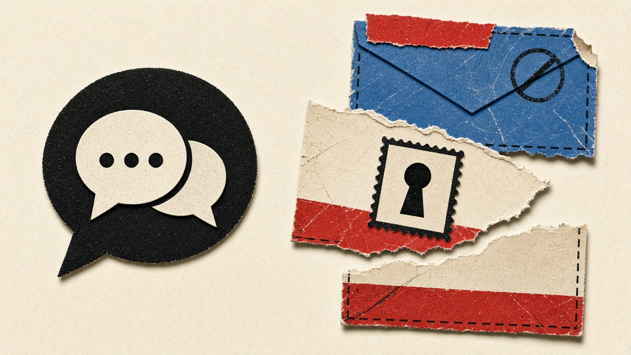 Paper forum bubble beside a recovery key and a torn disposable envelope