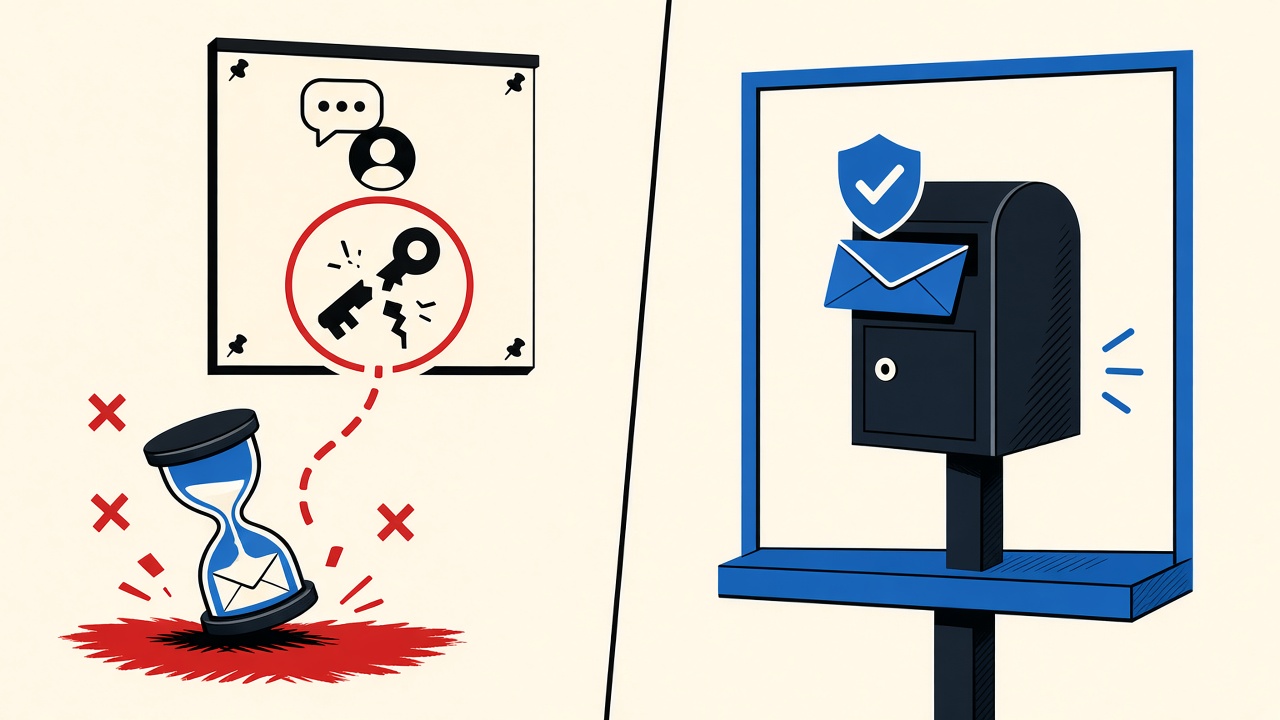 Forum pinboard with expired hourglass envelope versus a locked durable mailbox