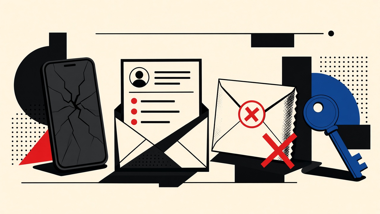 Broken phone beside a forum card and expired disposable envelope with a durable mailbox key