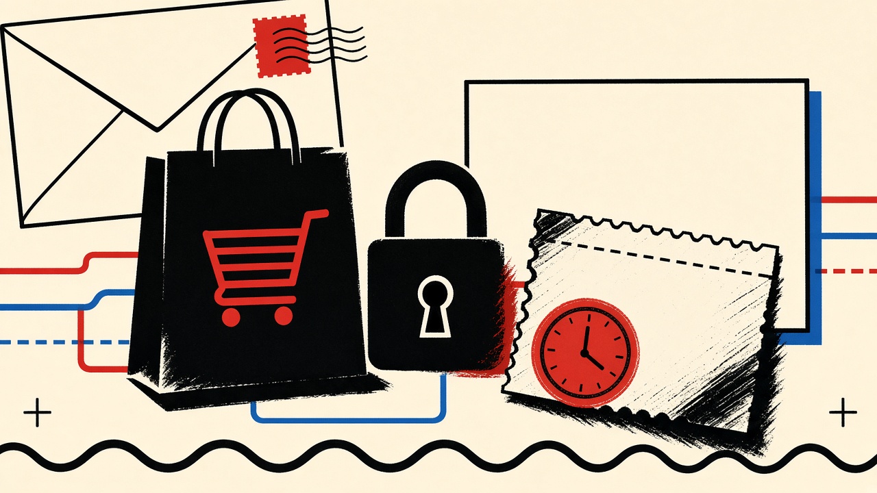 Shopping bag, padlock, and torn expired ticket beside an intact durable address card