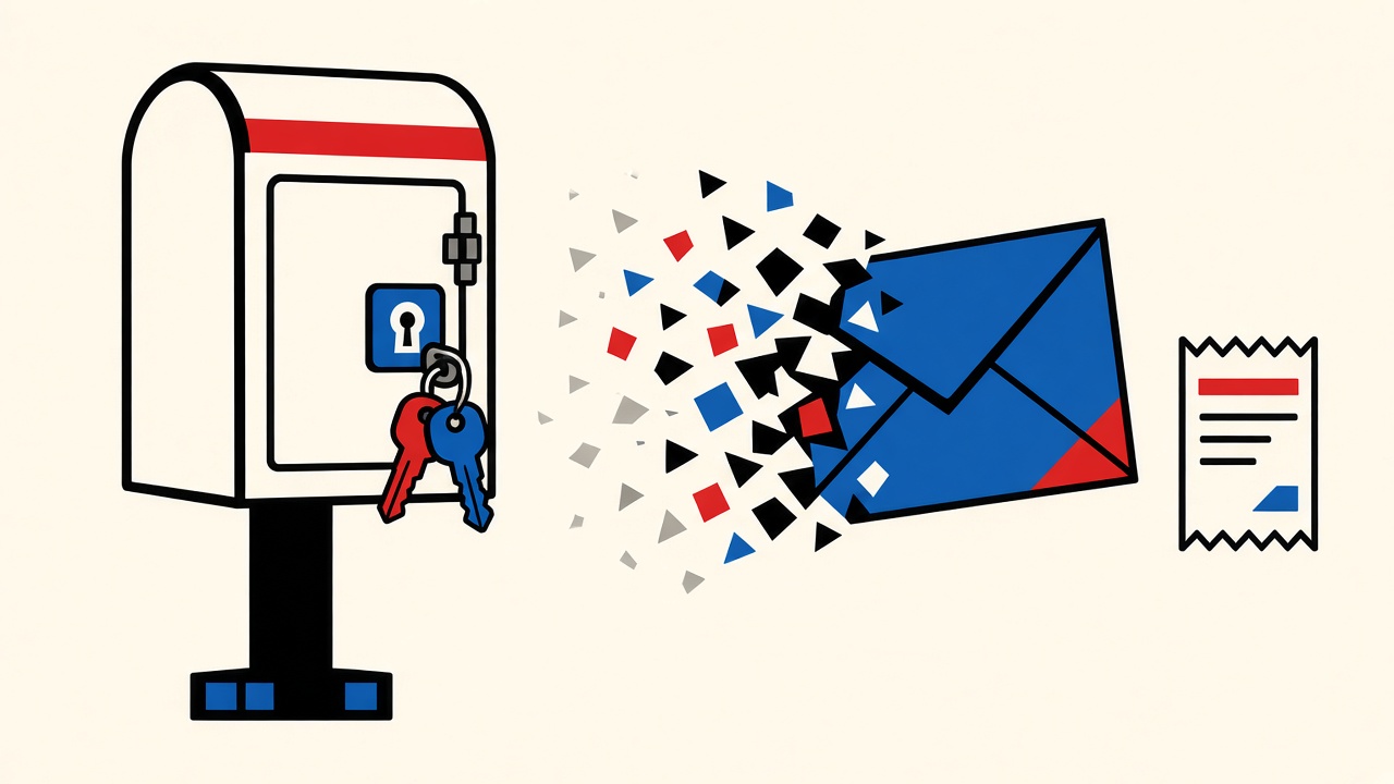 Durable locked mailbox beside a fading temporary envelope and flat shopping receipt shapes