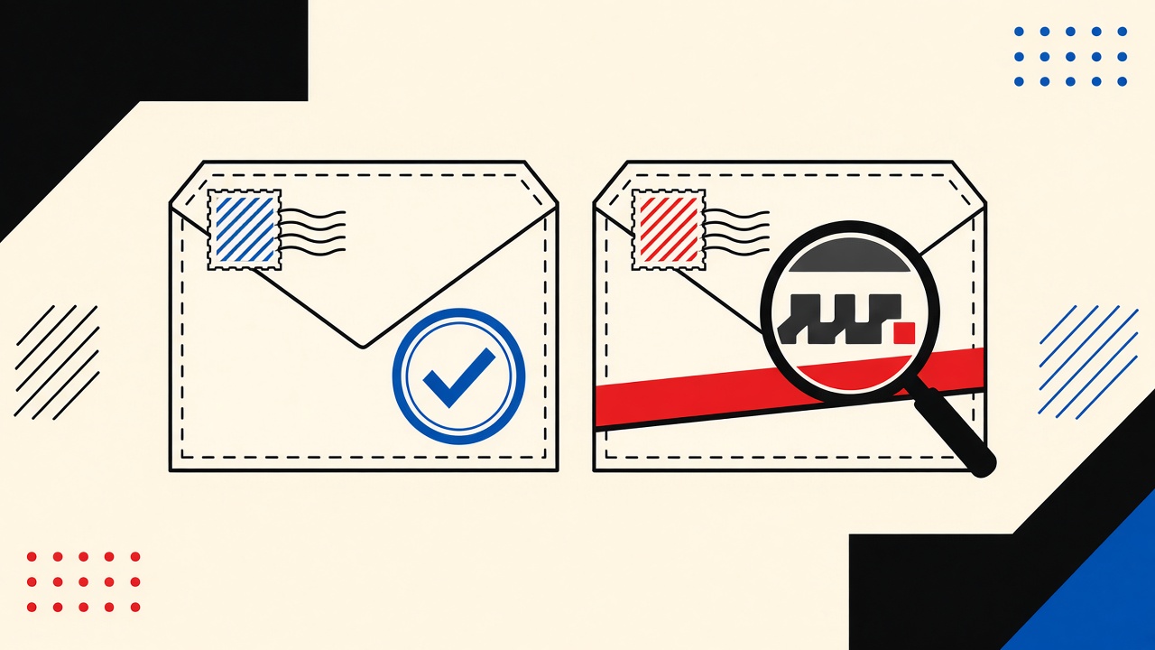 Two nearly identical shipping envelopes, one trusted blue stamp and one red warning stripe, with a magnifying glass