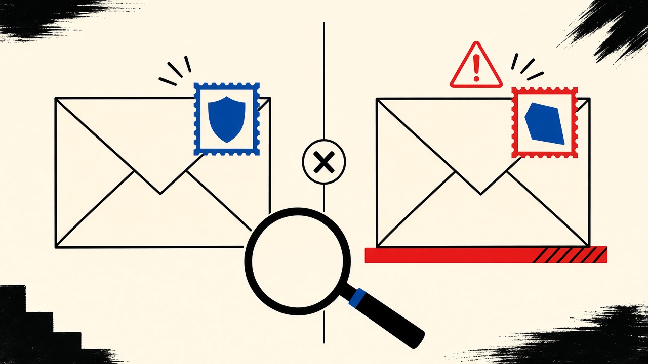 Two nearly identical reset envelopes, one marked with a warning stripe, under a magnifying glass