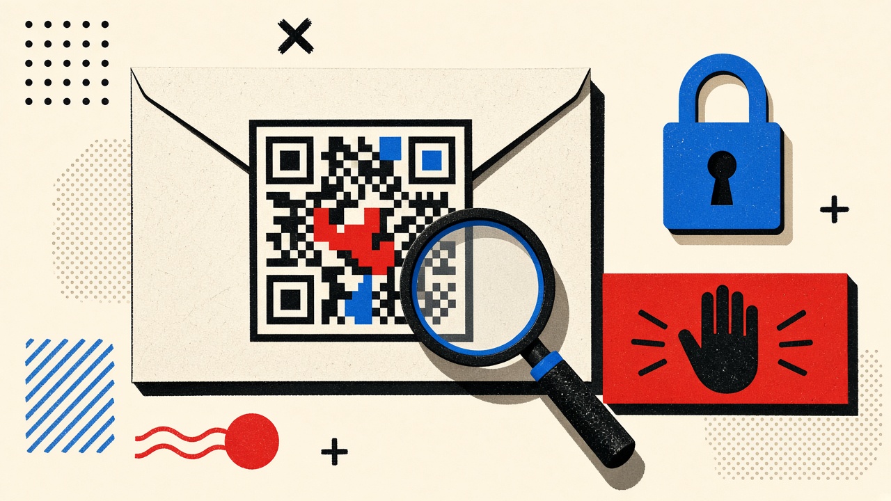 Abstract QR mosaic on an envelope with magnifying glass and red caution bar beside a blue lock