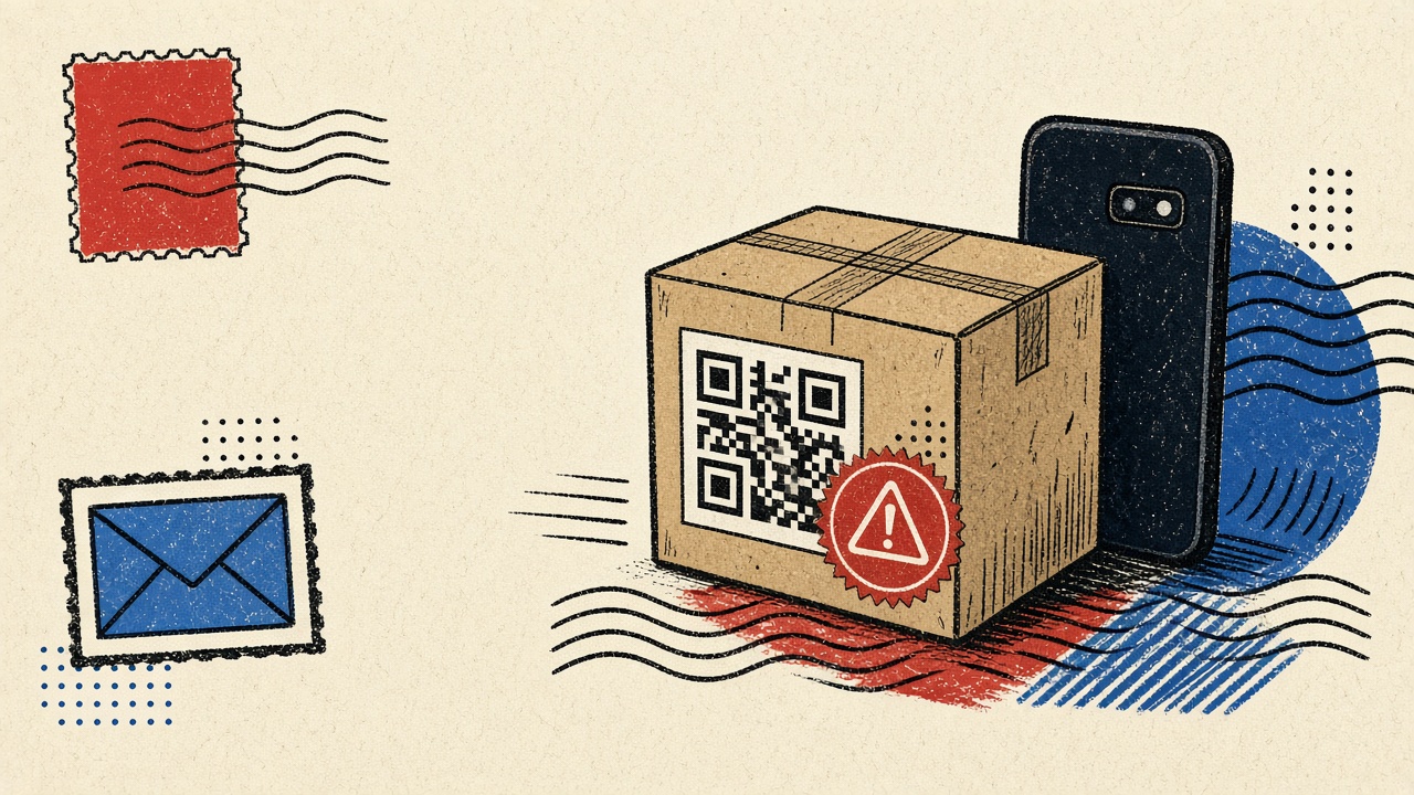 Parcel with abstract QR sticker and red caution seal beside a turned-away phone