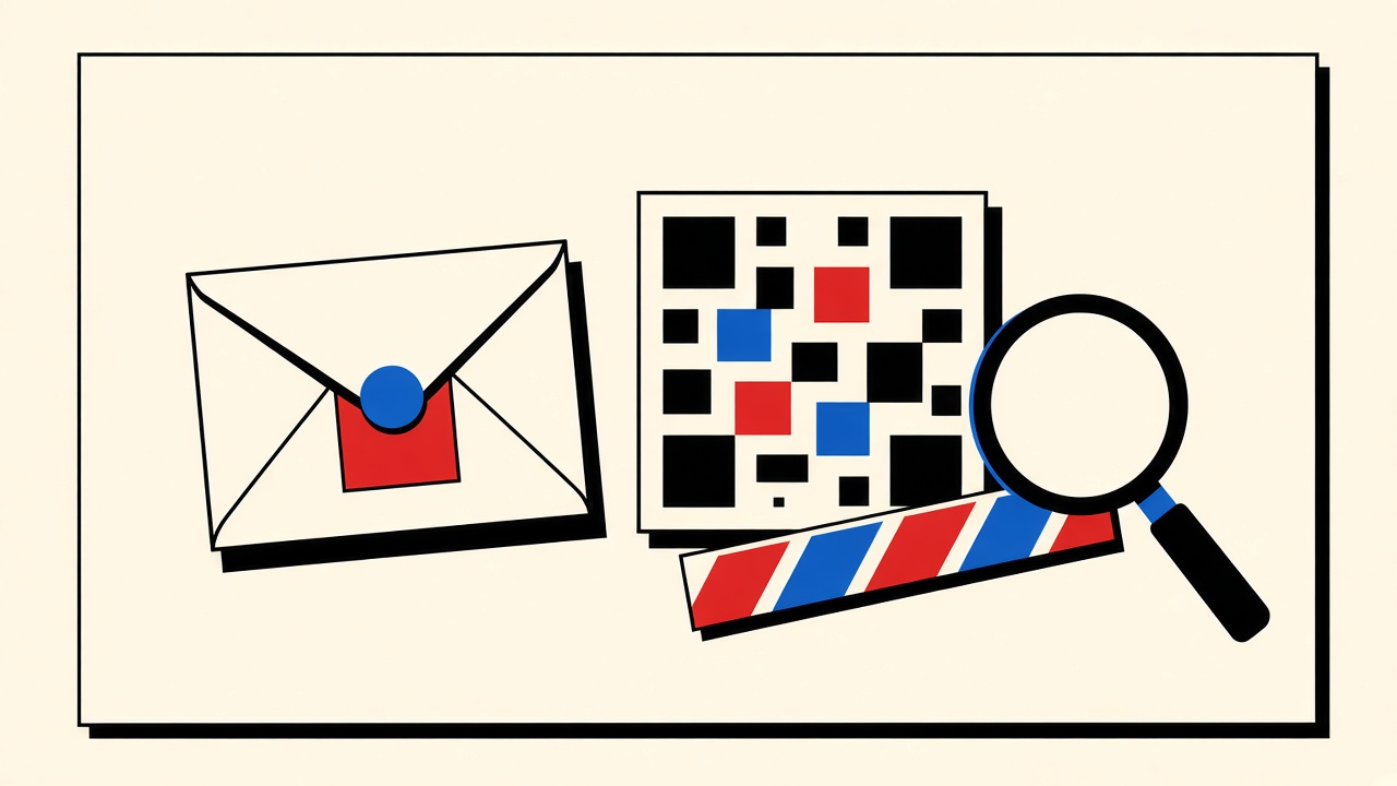 Password-reset envelope beside abstract QR tile with caution barrier and magnifying glass