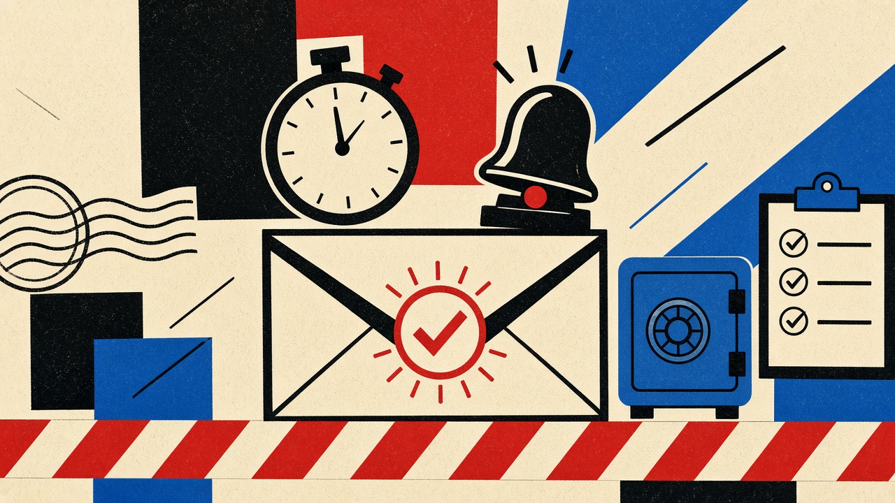 Stopwatch and sealed envelope behind a red caution barrier with blue lock