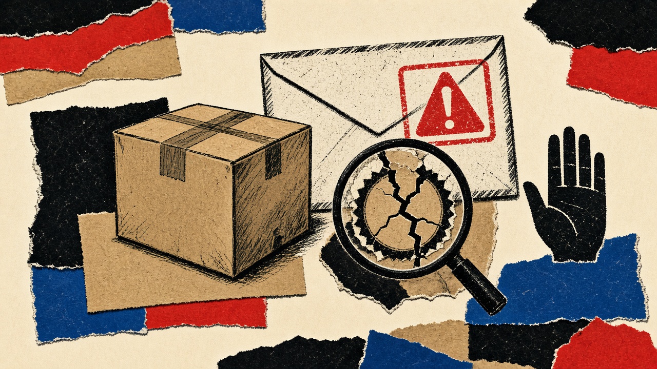 Cream postal collage with a parcel silhouette, suspicious sealed envelope, magnifying glass, and stop-hand mark