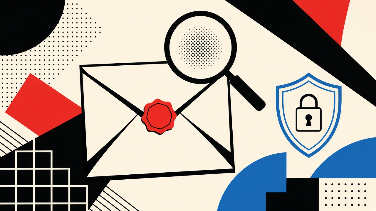 Sealed envelope with urgency stamp, magnifying glass, and shield on cream postal collage