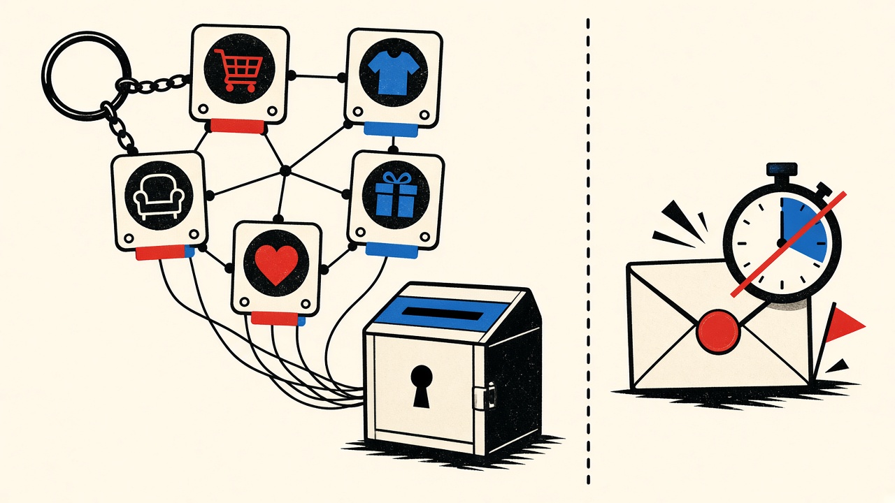 Branching alias keyring leading to a durable vault mailbox beside a short-lived timer envelope