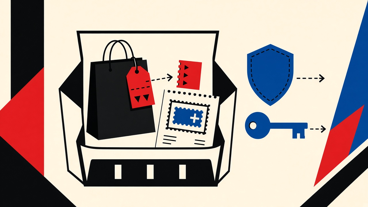 Shopping bag and receipt envelope with a perforated plus-tag stamp beside a blue durable alias key