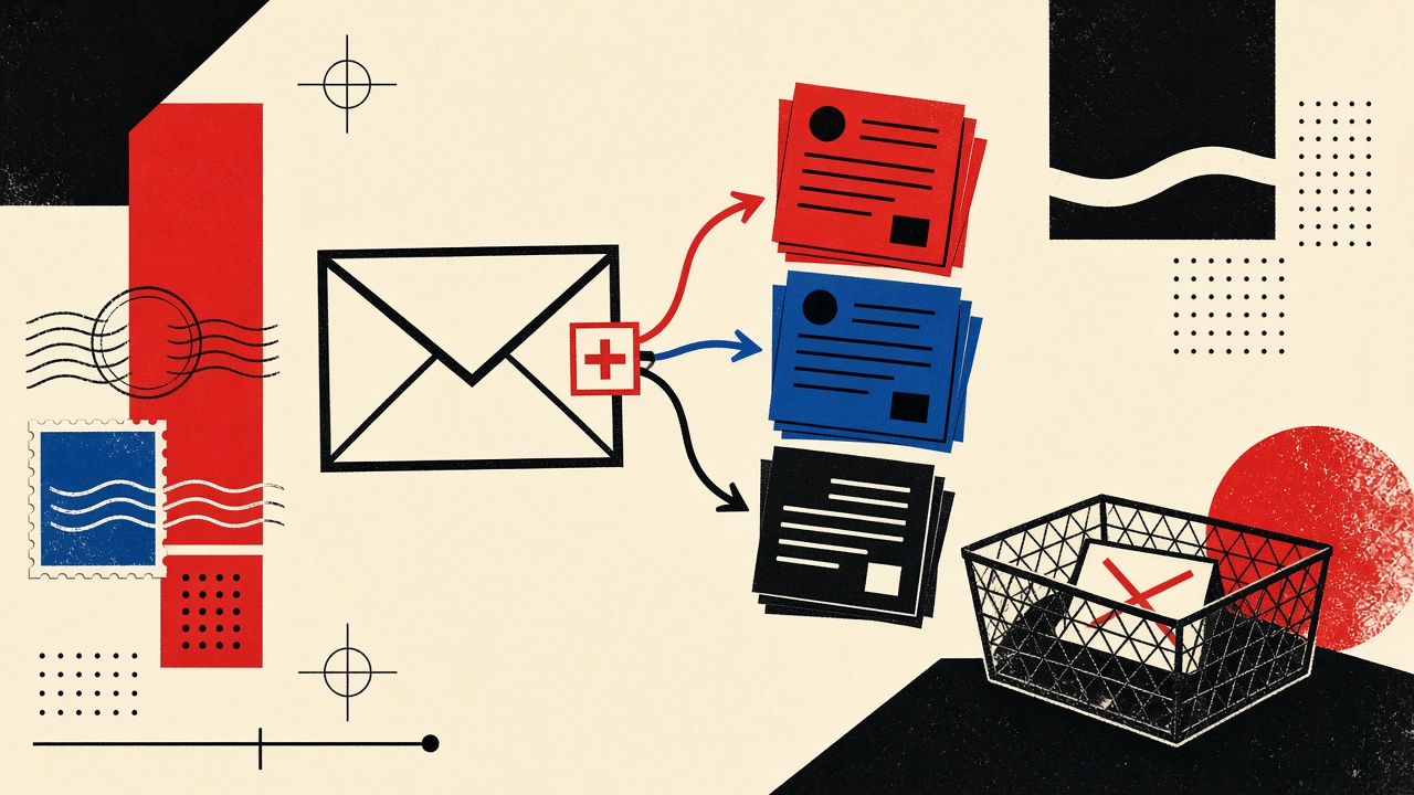 Primary envelope with plus-tag stub branching into filtered newsletter stacks