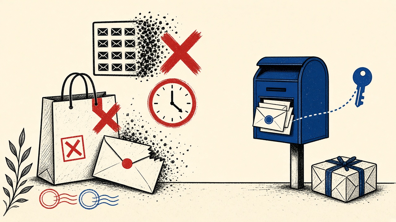 Shopping bag and receipt beside a dissolving temporary inbox versus a durable locked mailbox