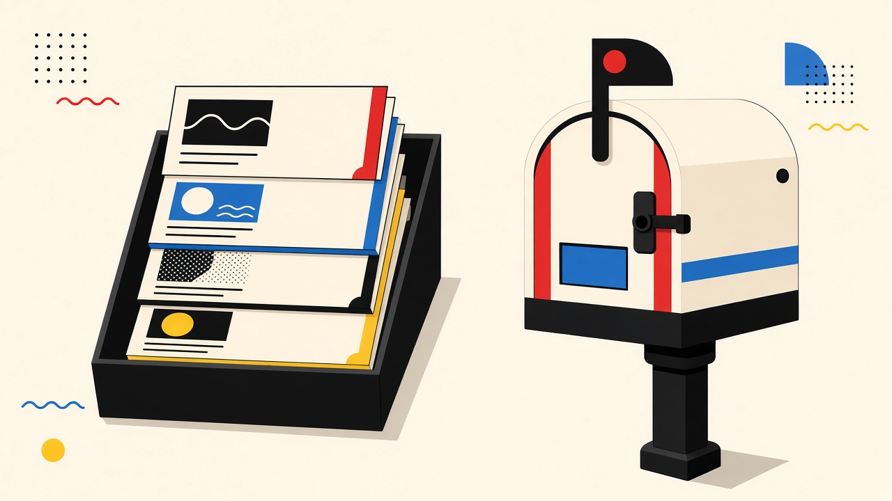 Newsletter stack between a temporary inbox tray and a durable mailbox for comparison