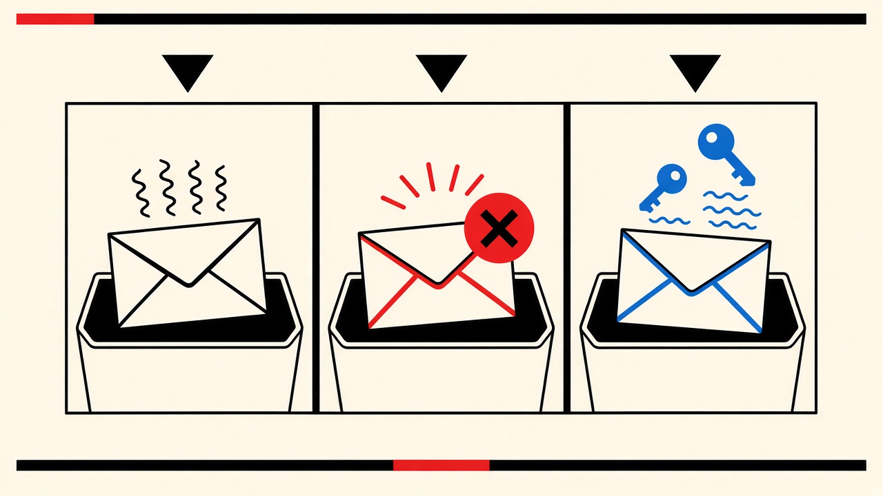 Three isolated test envelopes in separate trays with dividers and one red collision marker