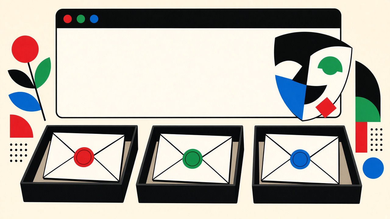 Three isolated test envelopes in separate trays beside an empty browser frame