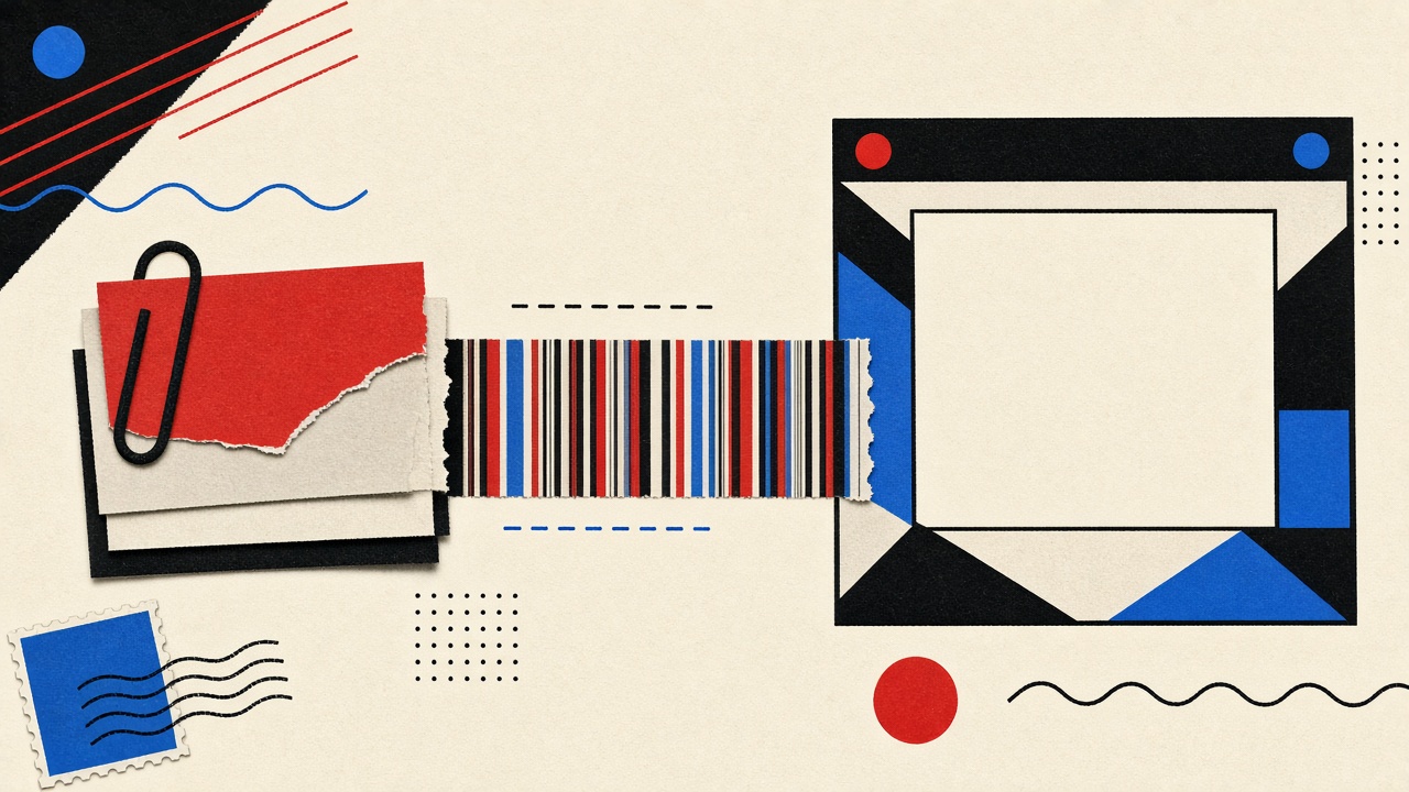 Stacked sheets with abstract coded stripes, paperclip, and empty webmail frame on cream
