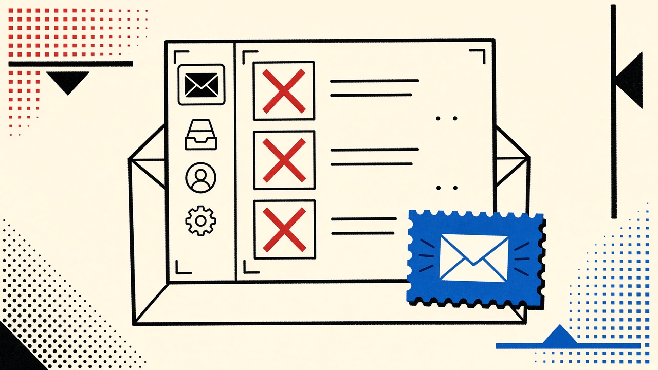 Desktop mail window as flat paper with empty picture frames marked red X and a blue multipart stamp