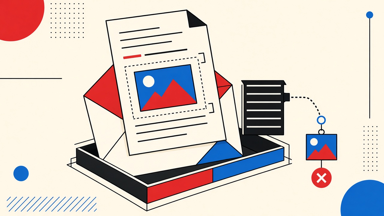 Exploded email letter showing CID inline image tile inside versus remote image link outside a privacy shutter
