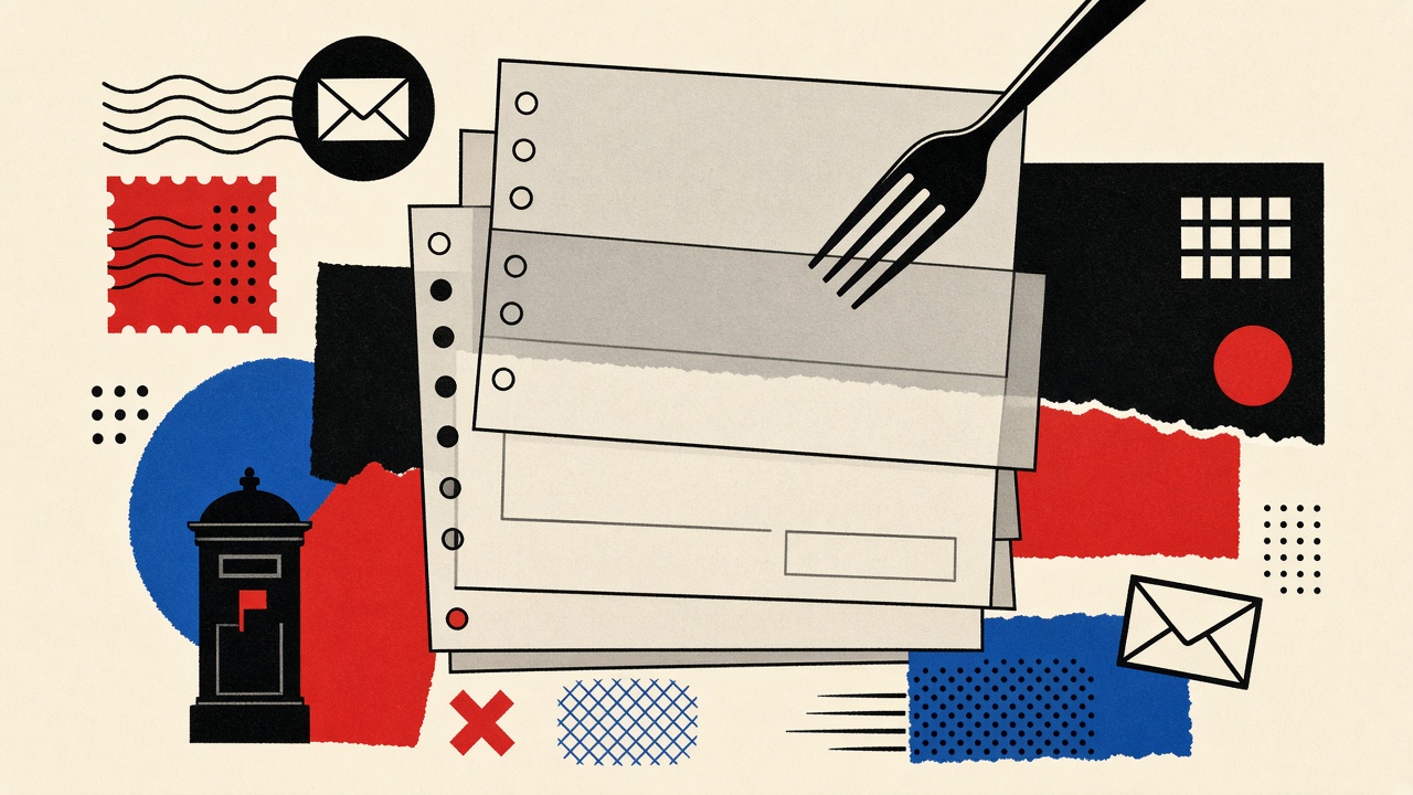Stacked plain-text and HTML paper layers with a webmail tray choosing one