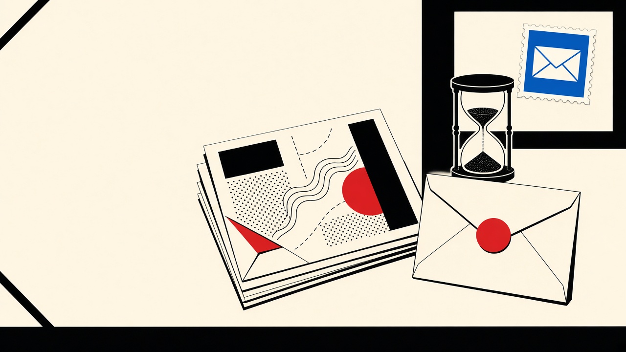 Newsletter sample pages beside a disposable envelope and purge hourglass on cream paper