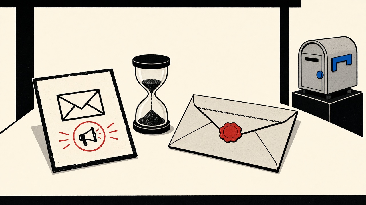 Cream desk still-life with a demo invite card, hourglass, disposable envelope, and durable mailbox icon
