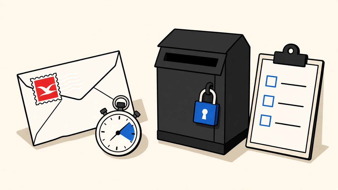 Editorial still-life of a one-time stamped envelope beside a locked durable mailbox and stopwatch on cream paper
