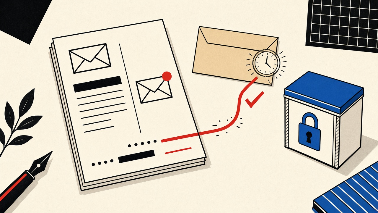 Product demo brochure beside a short-lived envelope and a locked durable mailbox