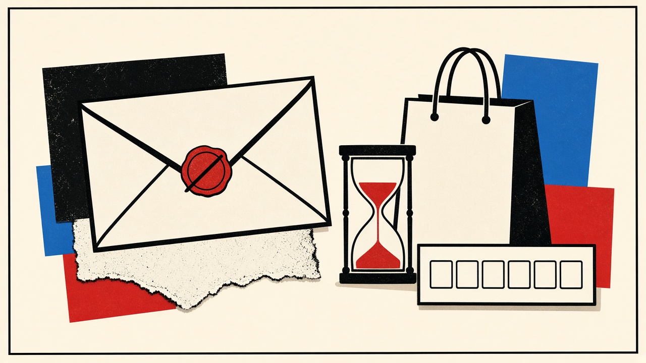 Flat editorial collage of a disposable envelope, shopping bag, hourglass, and blank OTP card on cream paper