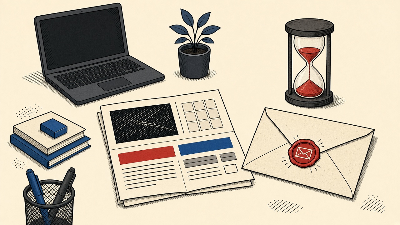 Cream postal collage of a newsletter sheet, disposable envelope, and purge hourglass on a solo desk