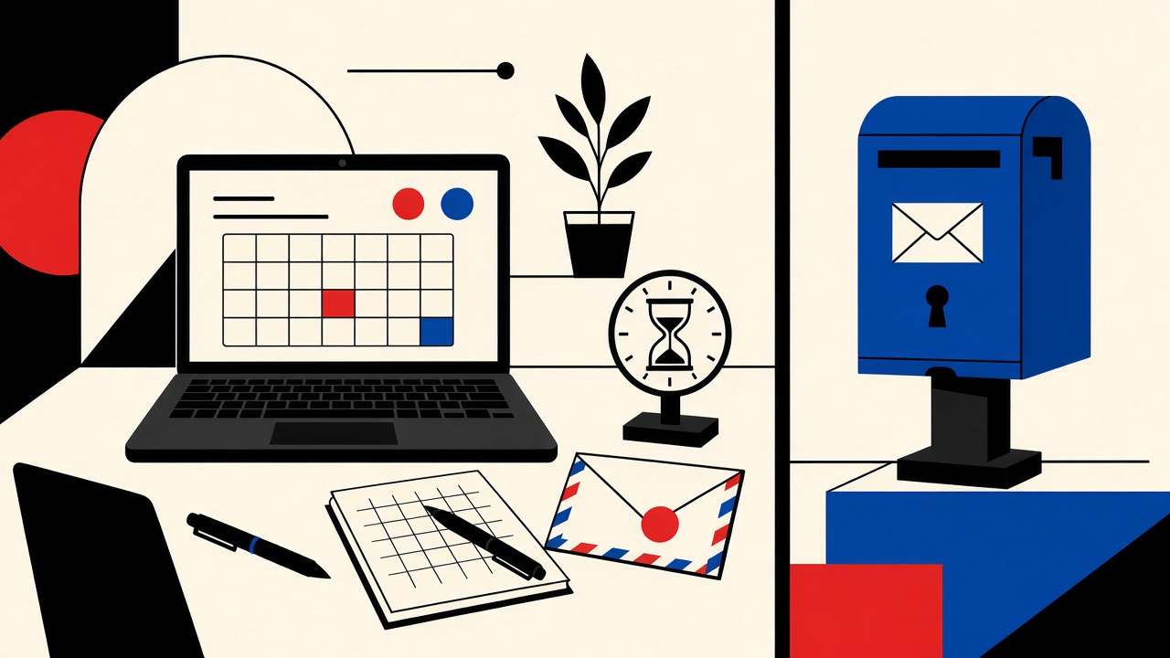 Editorial collage of a disposable demo envelope beside a permanent mailbox with a boundary line