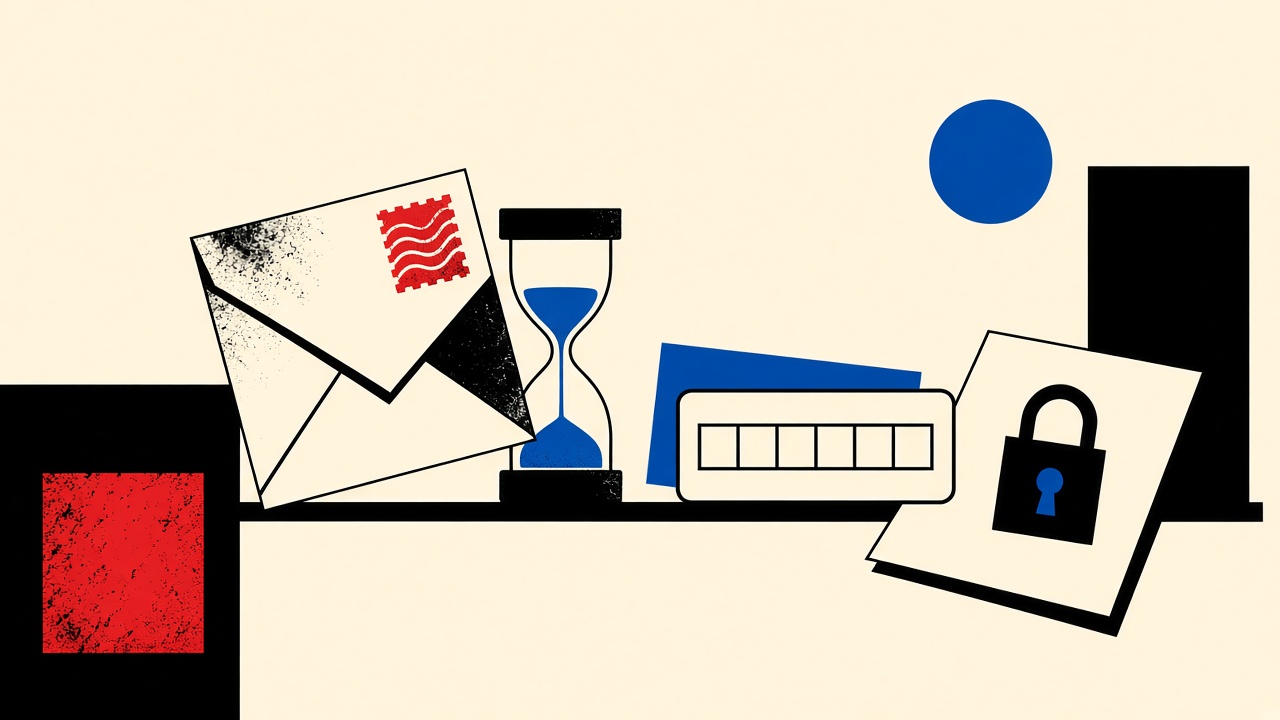 Cream postal still-life with a single-use envelope, hourglass, blank OTP card, and session padlock