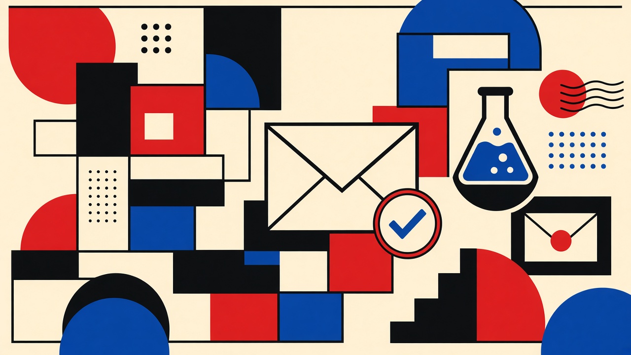 Flat collage of framework blocks, verification envelope, and test flask on cream paper