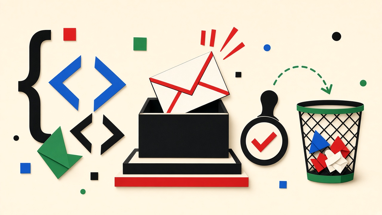 Paper code-bracket cutouts, verification envelope in a test inbox tray, checkmark stamp, and cleanup bin