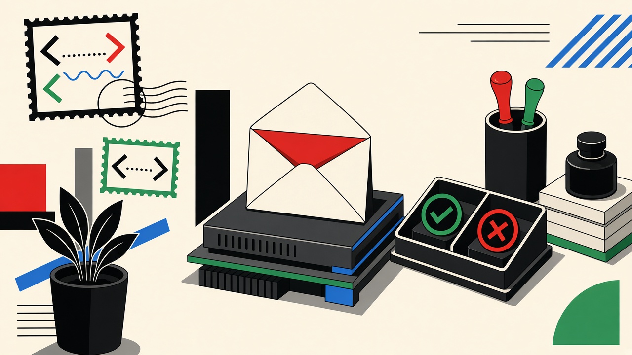 Welcome envelope on a test bench with success and failure stamps