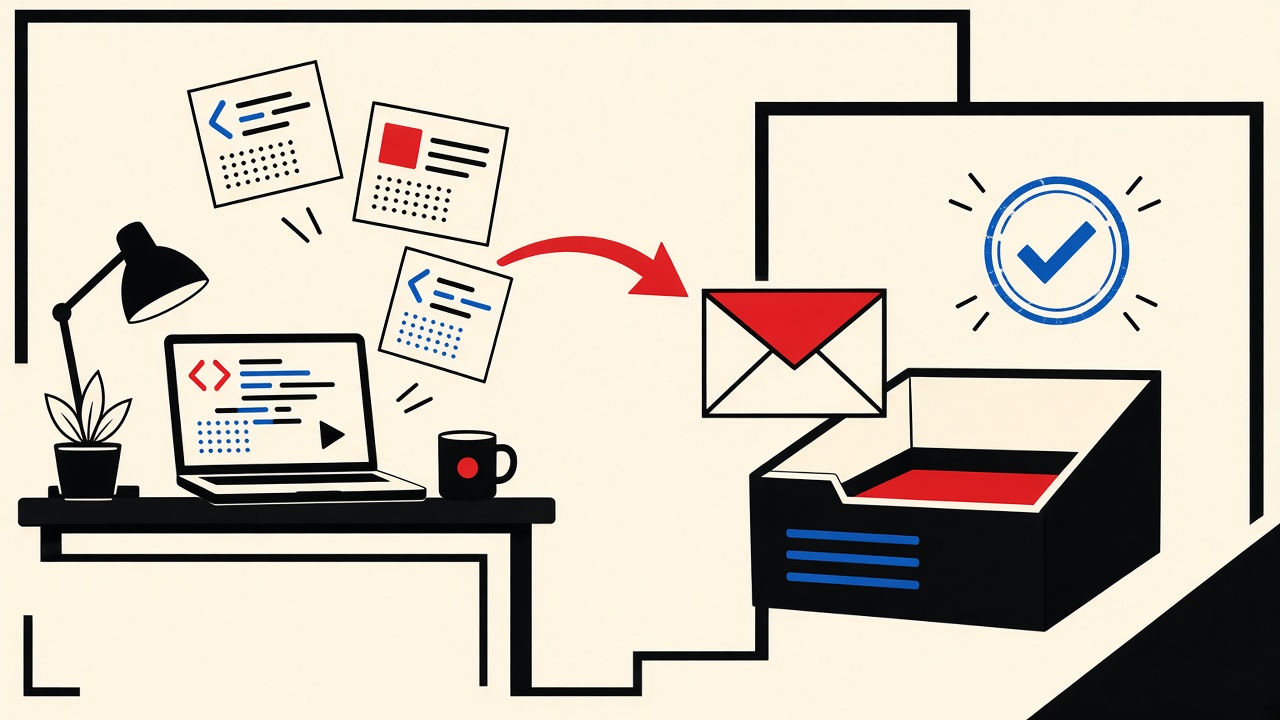 Flat Next.js-style cards delivering a welcome envelope into a receive-only inbox tray with a blue pass stamp