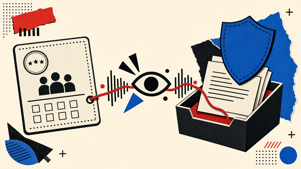 RSVP card with red tracking thread to an abstract observer eye, shielded by a blue privacy panel