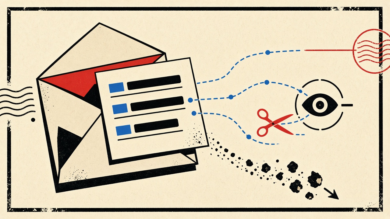 Cream newsletter letter with blue tracking chains to an observer mark and red scissors cutting one chain