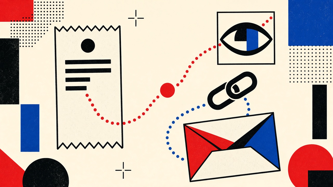 Receipt with dashed tracking path to an eye icon and chain-link beside an open envelope
