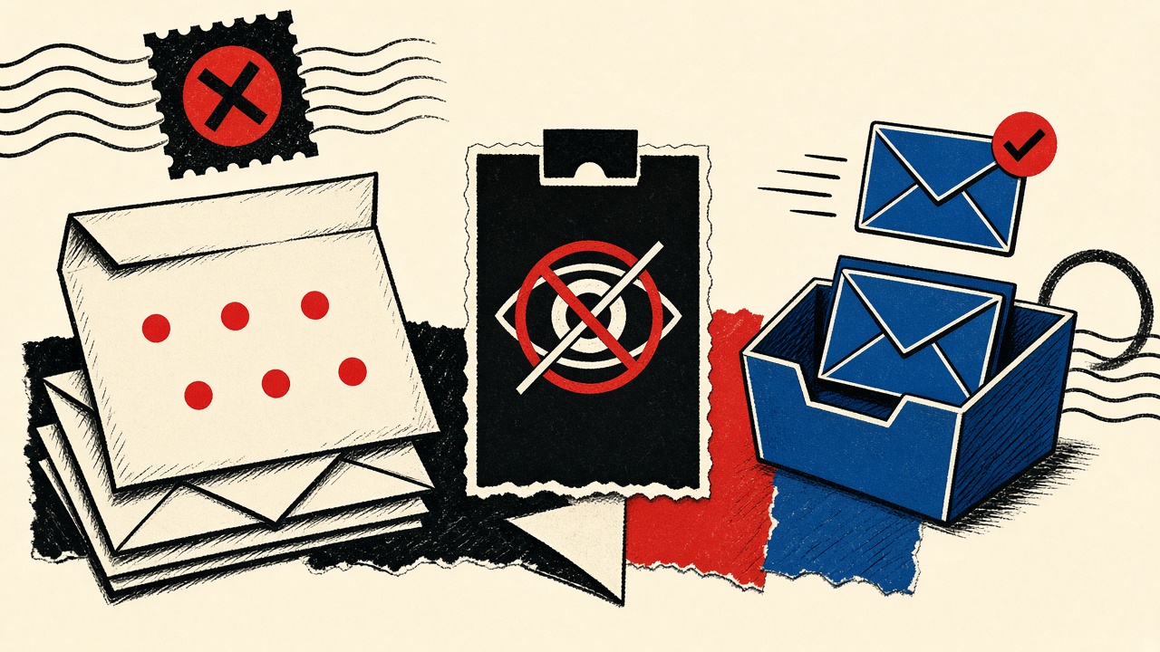 Newsletter letter with tiny tracking dots and a blocked remote-image shutter over an inbox tray